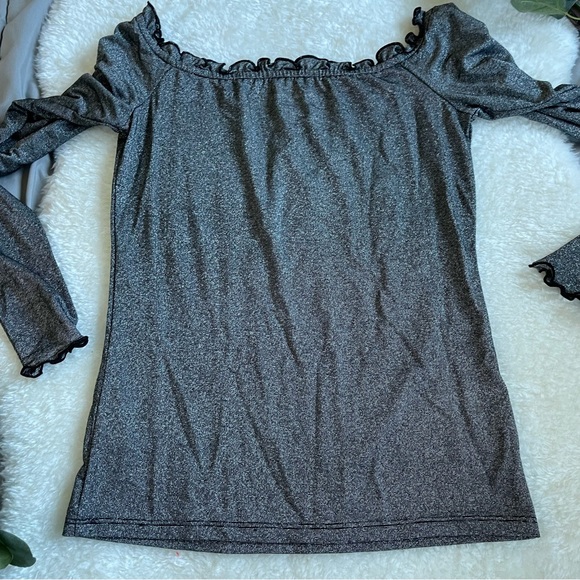 Aeropostale Long Sleeve Sparkle Lettuce-Trim Off-The-Shoulder Top - Picture 8 of 13